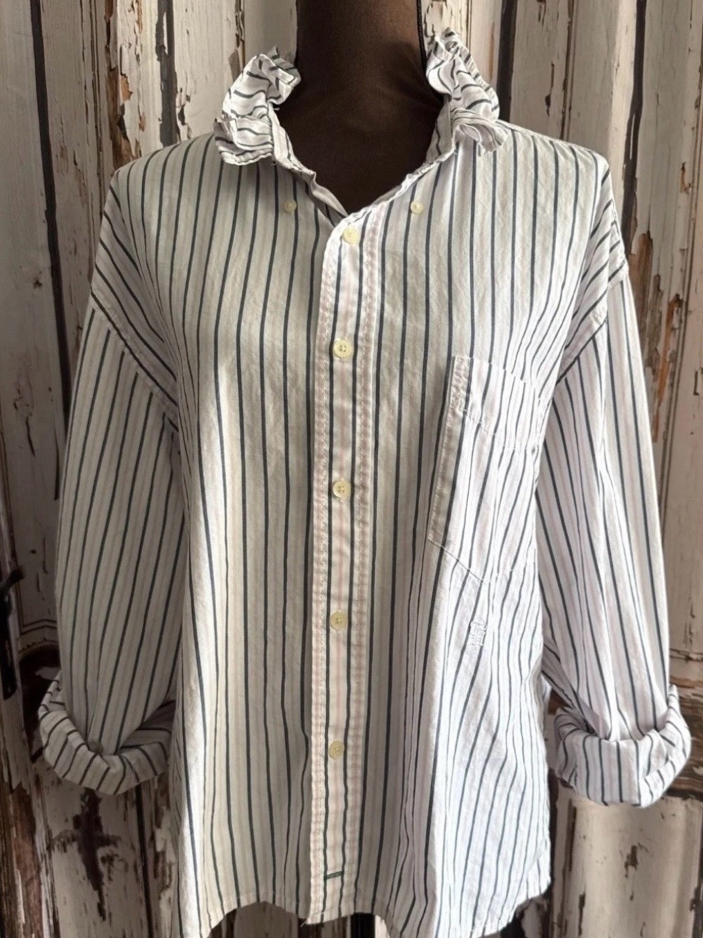 Reworked upcycled ruffle Tommy Hilfiger xl striped button down shirt
